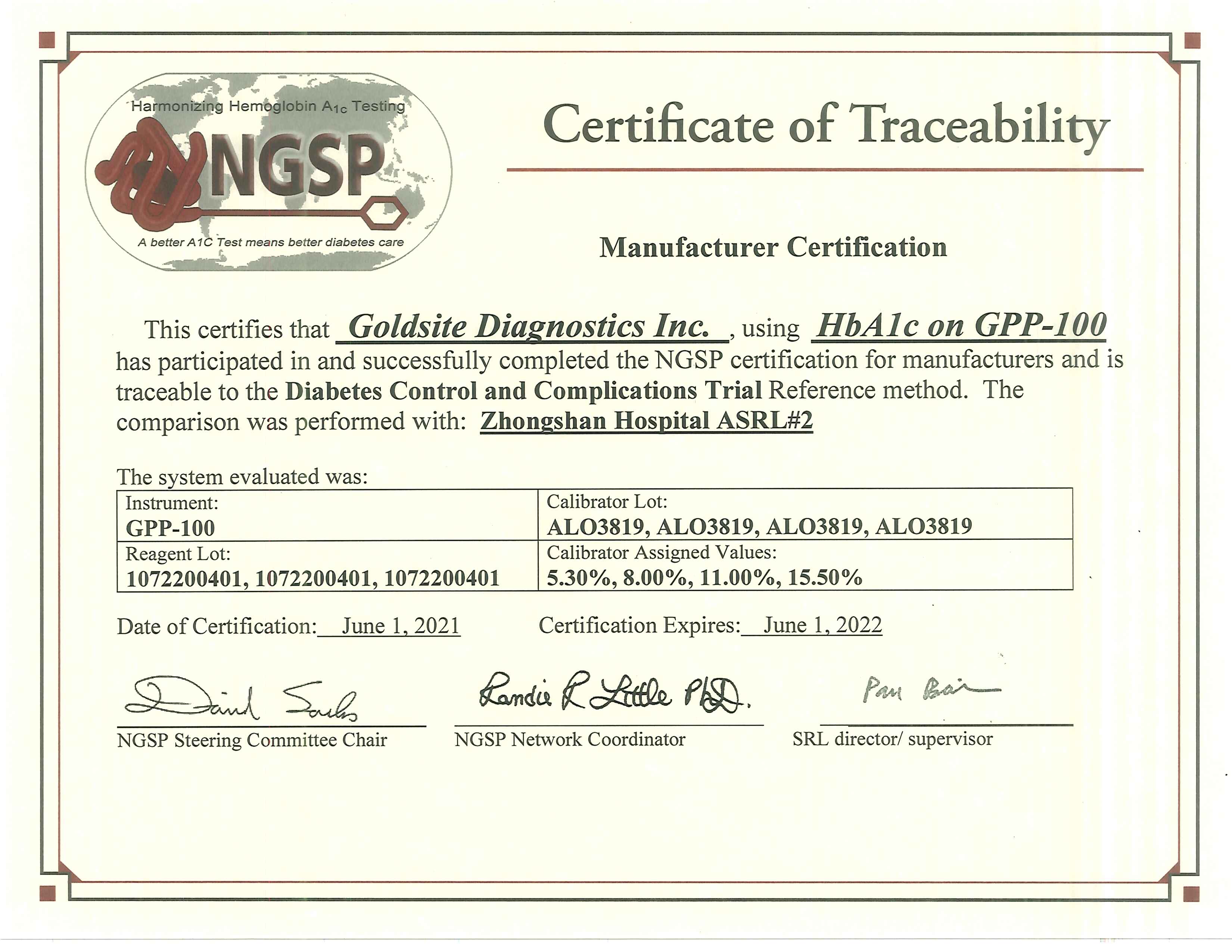 NGSP 证书 Hba1c auf GPP-100 2021.6.12022.6.1