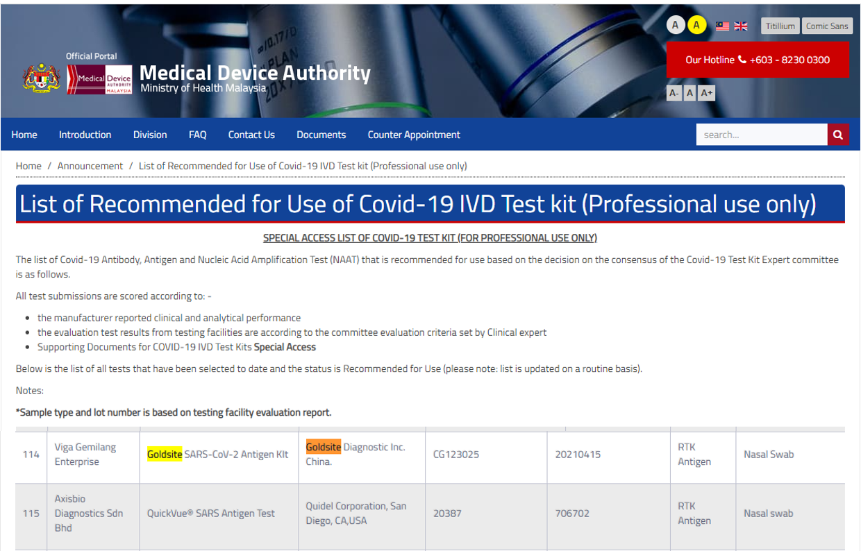 Goldsite Covid-19 SARS-COV-2 Antigen-Kit von Malaysia MDA genehmigt